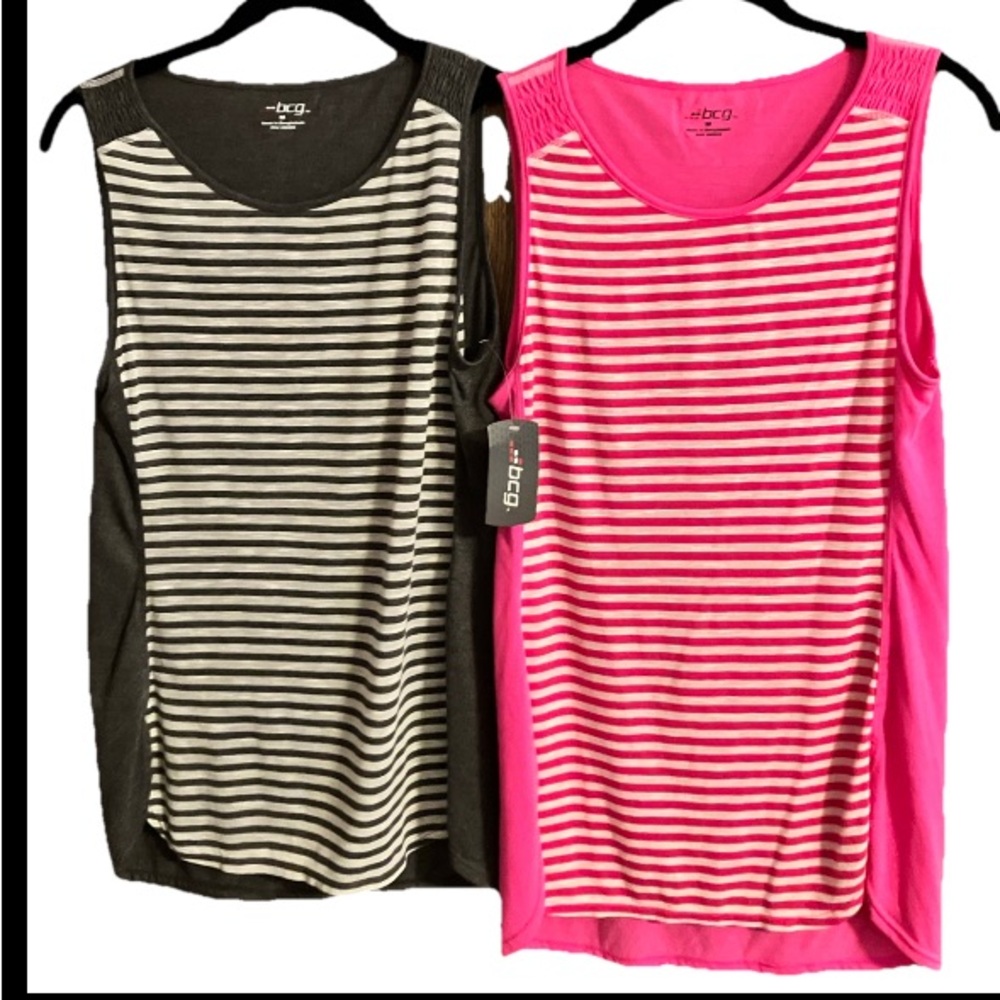 2 Ladies Sleeveless Tank Tunic Charcoal Striped Top & Pink Striped Top, SzM